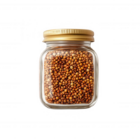 Glass jar filled with assorted mustard seeds for culinary use. png