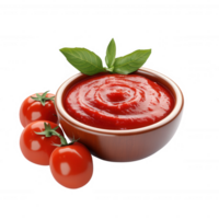 Fresh tomato sauce served in a bowl with ripe tomatoes and basil leaves. png