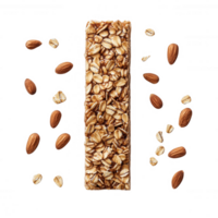 Healthy granola bar surrounded by scattered nuts and grains, perfect for snacking. png