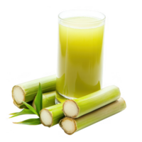 Freshly squeezed green juice in a glass with sugarcane sticks by its side. png