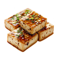 Delicious tofu cubes drizzled with savory sauce and topped with green onions. png