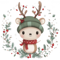 Cute cartoon reindeer wearing a green hat in a festive wreath with berries and foliage. png