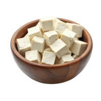 Fresh tofu cubes in a wooden bowl, perfect for healthy recipes and plant-based diets. png