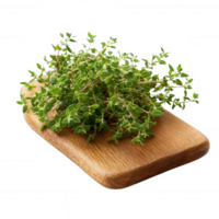 fresco timo rametti visualizzato su un' di legno taglio tavola per culinario uso. png