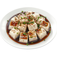 Delicious tofu cubes served with savory sauce and garnished with green onions. png