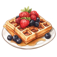 Delicious waffle topped with fresh berries and syrup, perfect breakfast treat. png