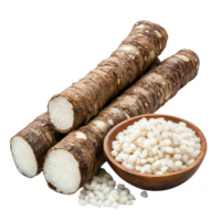 Fresh and healthy root vegetable with a bowl of tiny edible pearls beside it. png