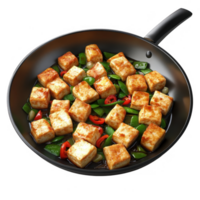 Sizzling tofu and vegetables in a pan, vibrant colors and delicious aroma. png