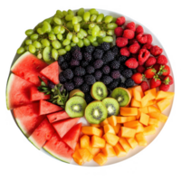 Colorful fruit platter showcasing various fresh fruits in an artistic arrangement. png