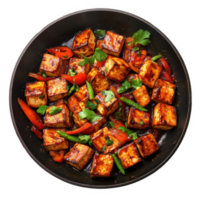 Deliciously sauteed tofu cubes with vibrant peppers and herbs in a savory sauce. png