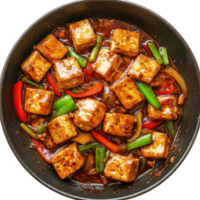 Delicious tofu stir-fry with colorful vegetables in a savory sauce. png