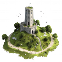A beautiful stone tower on a green hill surrounded by trees and rocks. png