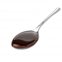 A silver spoon with rich, glossy dark syrup ready for culinary use or decoration. png