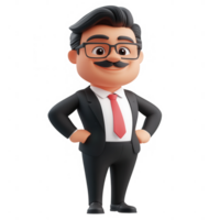 A cheerful cartoon businessman in a suit with glasses and a confident smile. png