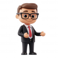 A cheerful businessman character in a suit with glasses, ready for a presentation. png