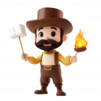 A cheerful character holding marshmallows and a torch, ready for a campfire adventure. png