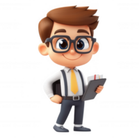 Cheerful cartoon character dressed for success in business attire, holding a clipboard. png