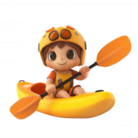 A cheerful child paddling in a bright yellow kayak, enjoying a sunny day on the water. png