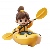A cheerful character paddling in a bright yellow kayak on a vibrant waterway. png
