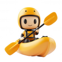 A cheerful character kayaking in a bright yellow kayak, enjoying outdoor adventure vibes. png