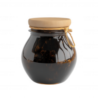 A rustic jar filled with dark syrup, perfect for culinary creativity and indulgence. png