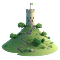 A whimsical castle atop a green hill with trees and a winding path, inviting adventure. png