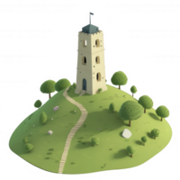 A whimsical tower atop a hill surrounded by lush greenery and a winding path. png