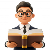 uma desenho animado personagem segurando uma livro, simbolizando conhecimento e Aprendendo dentro negócios. png