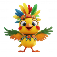 A cheerful cartoon bird wearing colorful feathers and a joyful expression. png