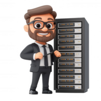 A cheerful cartoon character standing by a server rack in a modern office environment. png
