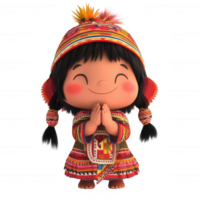 Cheerful child in traditional attire with a joyful expression and welcoming gesture. png