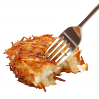 A crispy hash brown cut with a fork, showcasing delicious golden texture and flavor. png