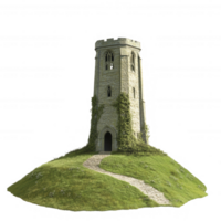 A charming ancient tower surrounded by lush greenery and a winding pathway. png
