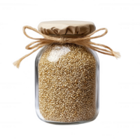 A jar filled with golden quinoa seeds, featuring a rustic tied twine on the lid. png