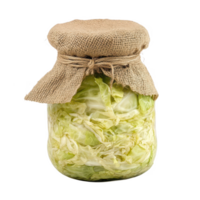 A jar of sauerkraut with a rustic burlap cover, showcasing fermented cabbage. png