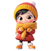 A cheerful child in winter attire, smiling warmly with a bright scarf and hat. png