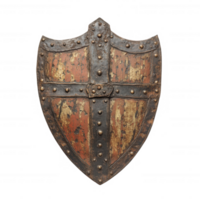 A vintage medieval shield with rustic textures and weathered colors, symbolizing protection. png