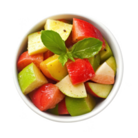 Colorful mixed fruit salad served in a bowl with fresh mint leaves on top. png
