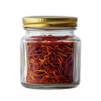 A glass jar filled with vibrant saffron threads, showcasing its rich color and aroma. png