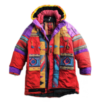 Brightly colored winter jacket with unique patterns for stylish warmth. png