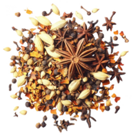 A colorful mix of various spices, showcasing texture and flavor potential. png