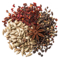 A vibrant assortment of various spices arranged beautifully for culinary purposes. png