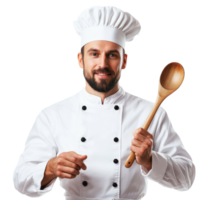 Chef in White Uniform and Hat Holding a Wooden Spoon on Transparent Background png