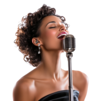 Female Singer with Microphone Isolated on White Background for Music Promotion on Transparent Background png