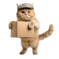 Delivery post cat wearing cap holding cardboard box, full body standing isolate on transparent background png