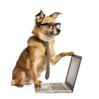 dog wearing glasses and tie using laptop, full body standing isolate on transparent background png