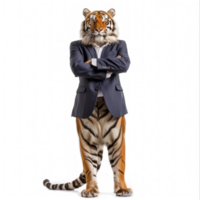 Royal tiger wearing suit standing full body isolate on white background isolate on transparent background png