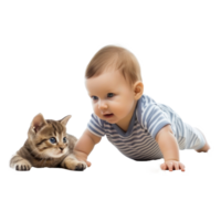 little baby boy lays on his stomach crawling on the floor beside puppy cat isolate on transparent background png