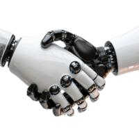 Two futuristic robotic hands shaking in a display of technology and cooperation png