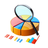 Business pie chart with magnifying glass analyzing data visualization trends and statistics png